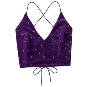 Verdusa Women's Purple Velvet Galaxy Print Crisscross Back Cami Shirt Size Large